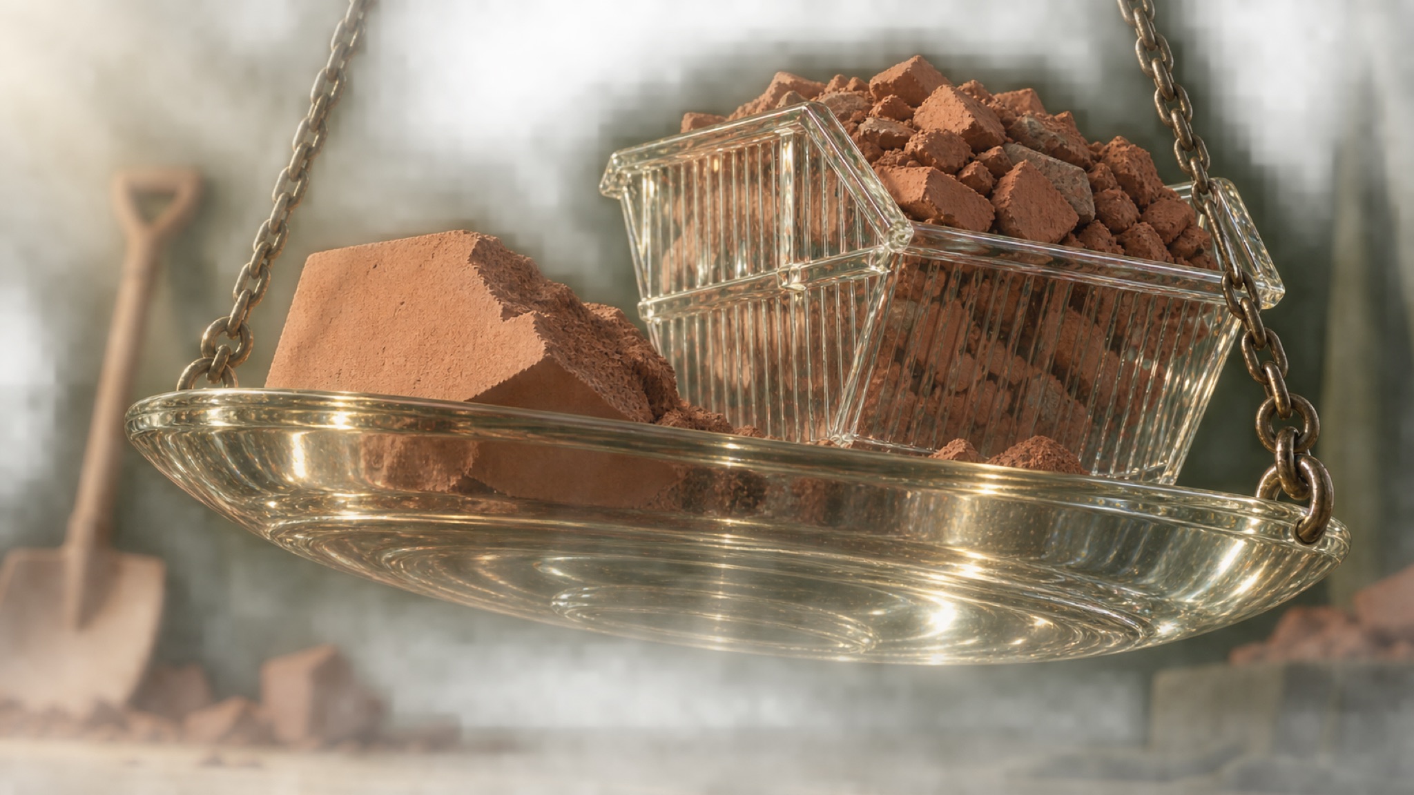 Materialstudie aus Ton und Glas: ein aufgebrochener Pflasterstein aus mattem Ton auf einer gläsernen Waagschale, daneben ein Absetzcontainer aus geriffeltem Glas voller tonfarbener Bruchstücke