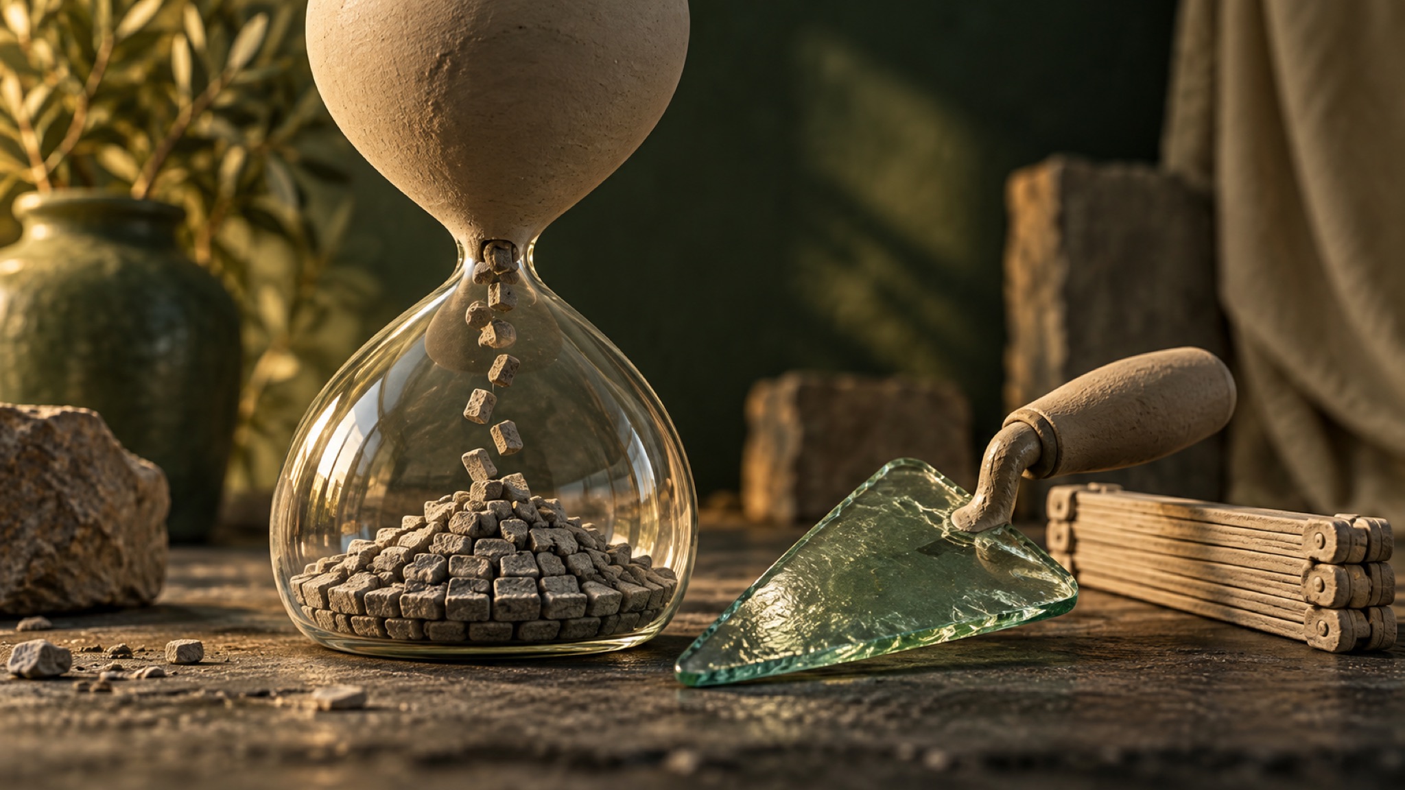 Stillleben aus Ton und Glas: eine Sanduhr mit gläsernem Unterteil, durch die statt Sand winzige Pflastersteine rieseln, daneben eine Kelle mit Glasblatt und Tongriff