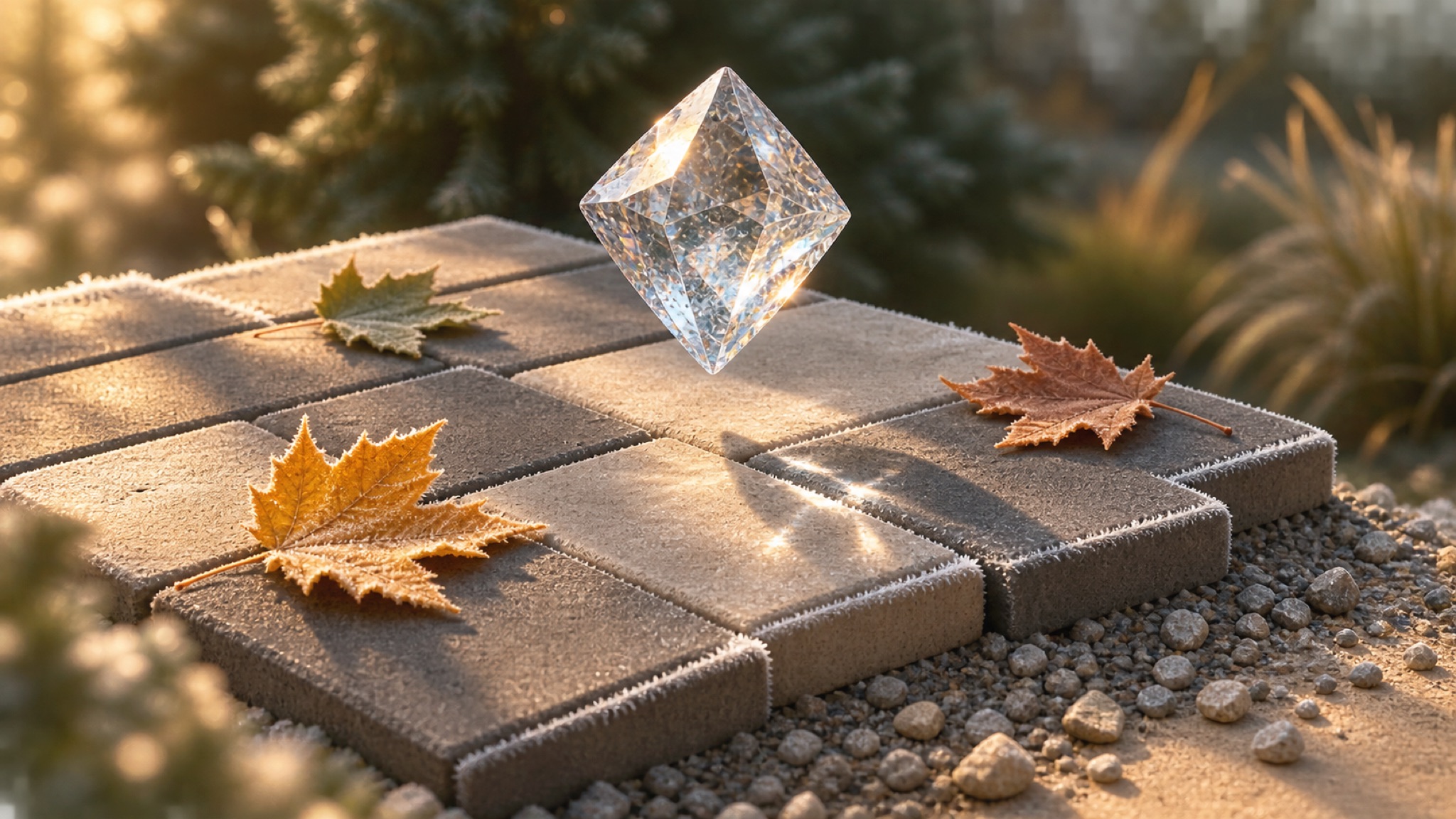 Miniaturszene aus Ton mit halb verlegter Pflasterfläche, gläsernem Eiskristall und Herbstblättern