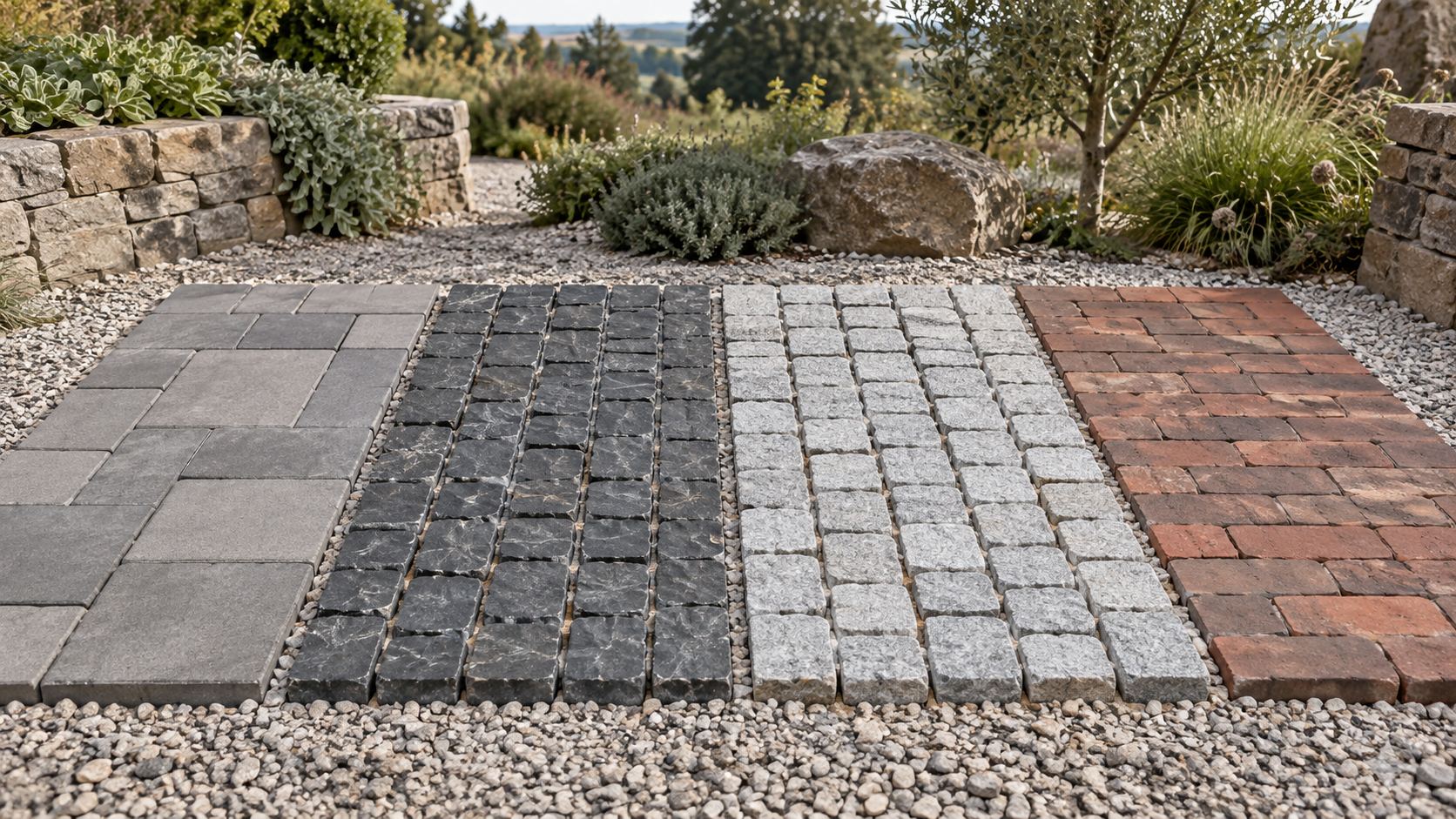 Musterflächen aus grauem Betonpflaster, dunklem Basalt, hellem Granit und rotem Klinker auf Splittbett