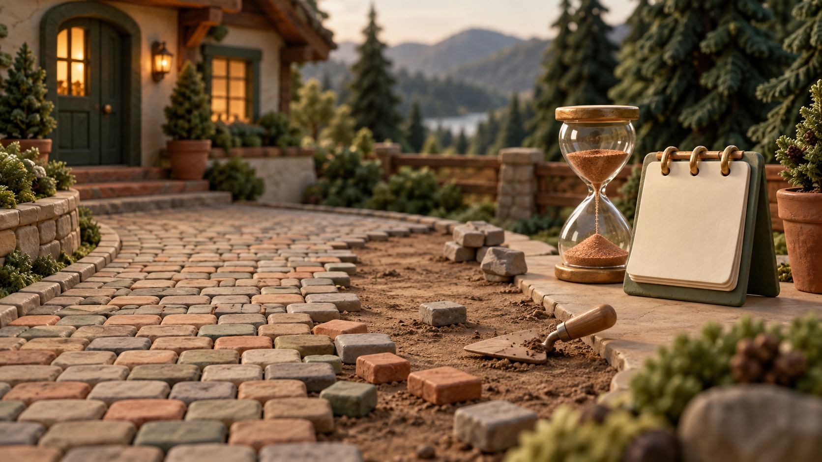 Miniaturszene aus Ton mit halb gepflasterter Einfahrt, gläserner Sanduhr und Tischkalender
